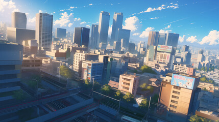 Obraz premium Vibrant Anime-Style Cityscape at Dawn in High Definition