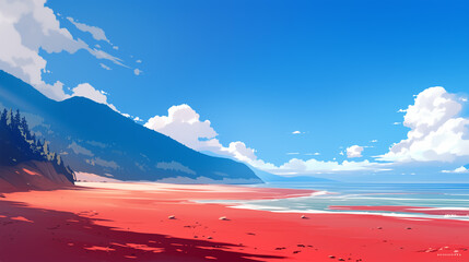 Serene Anime Mountain View at Red Sand Beach - 2D Illustration