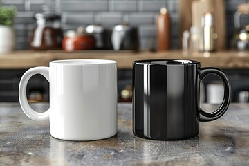 Two coffee mugs, one white and one black, sit on a counter