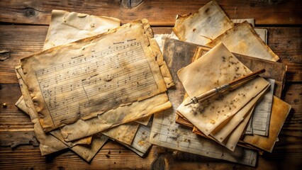 Aged, torn, and yellowed paper sheets with worn edges, scattered ink stains, and faded handwritten notes on a vintage wooden desk.