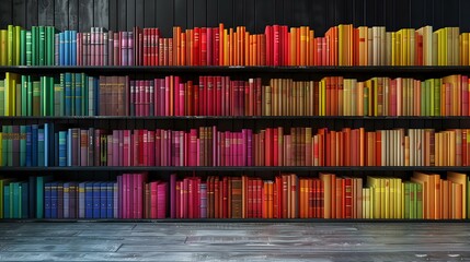 Bookshelf filled with a variety of colorful books, creating a vibrant and organized look. Ideal for themes of reading, education, and literature.