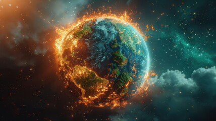 Obraz premium A dramatic image of Earth engulfed in flames, symbolizing climate change and global warming amidst the cosmos, conveys urgency and environmental crisis.