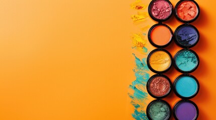 Vibrant professional eyeshadows in plastic case on orange backdrop Mockup with text space