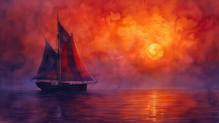 A stunning sailboat glides through tranquil waters beneath a fiery sunset, creating a vivid and serene maritime scene.