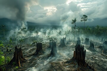 Fototapeta premium Deforestation aftermath: burned tree stumps in a misty landscape, showing the environmental impact of forest clearing and destruction.
