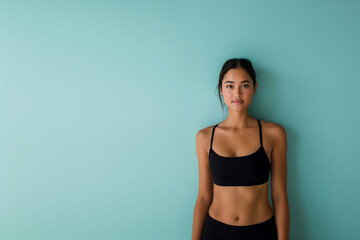 Fototapeta premium A young woman in a black sports bra and pants standing confidently against a light blue background, highlighting her fit and toned physique.