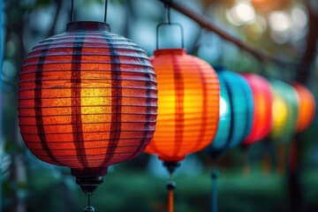 Beautiful row of colorful hanging lanterns glowing at dusk, creating a warm and festive atmosphere in an outdoor setting.