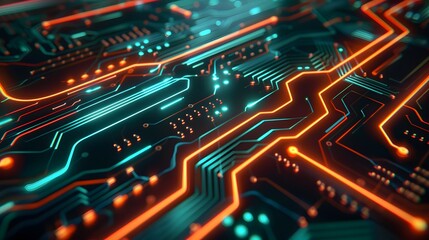 Obraz premium Abstract futuristic circuit board with glowing lines and intricate details, representing advanced technology and digital innovation.