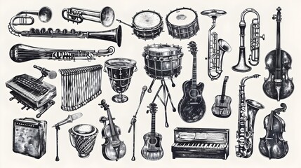 Obraz premium Curated Collection of Hand Drawn Vintage Musical Instruments in Monochrome
