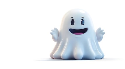 Cute and Friendly 3D Ghost Character with Simple Minimal Design on White Background