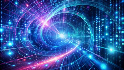 Vibrant abstract futuristic cyberspace wallpaper featuring swirling binary code and digital matrix patterns in neon blue and purple hues.