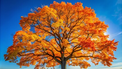 Vibrant orange and yellow leaves cling to skeletal branches of a solitary autumn tree standing tall against a clear blue sky.