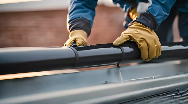 Roof Gutter Installation. Worker with Plastic Pipe