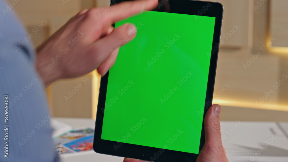 Poster office manager using mockup tablet searching information in internet close up.