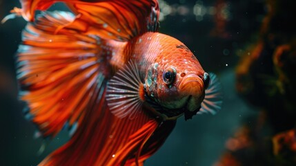 Fototapeta premium Dramatic Close up Portrait of a Vibrant Betta Fish with Flared Powerful Fins and Intense Gaze