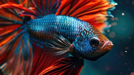Fototapeta premium Regal Betta Fish Portrait with Striking Crimson and Indigo Fins