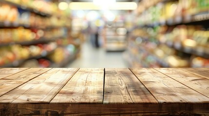 Bare Wooden Table Surface with Blurred Grocery Store Merchandise Display