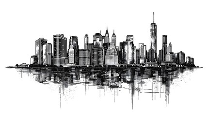 Obraz premium Detailed Ink Sketch of a Vibrant City Skyline at Dusk with Iconic Landmarks
