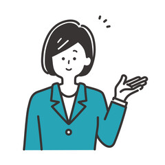 案内・説明をするビジネスパーソン（スーツの女性）のイラスト