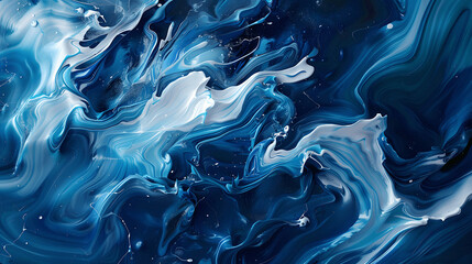 Abstract artwork with dynamic liquid motion and blue and white swirls