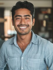 Fototapeta premium A smiling man posing for a photo wearing a blue shirt, perfect for use as a portrait or people image