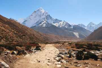 Walking through Pheriche valley, Pheriche village in the distance in front of Mount Amphu Gyabjen, Ama Dablam, Kangtega and Thamserku, Mount Everest Base Camp Trek, EBC, Nepal