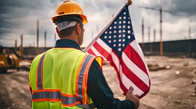 Safety Vest and American Flag. Proud Construction Worker