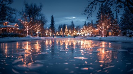 Enchanting Winter Wonderland with Holiday Lights Reflecting on Frozen Lake