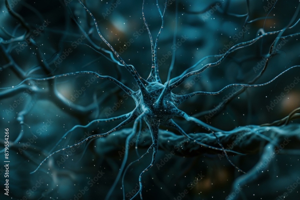 Poster 3d rendered illustration of a neuron cell sending pulses and communicating with other neurons via ax