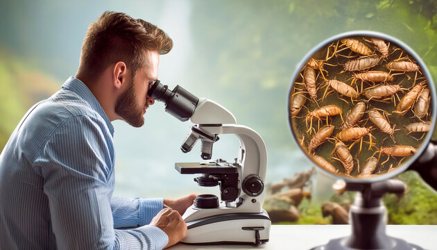 scientist looking through microscope. a man looking through a microscope looking at fleas