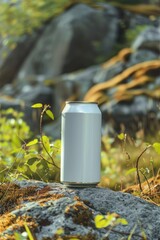 Fototapeta premium Eco-Friendly Beverage Can in Sunlit Forest Natural Setting