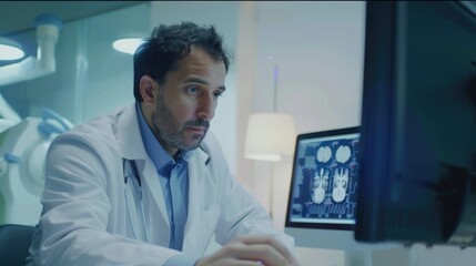 a latin male doctor looking at patient data on monitor