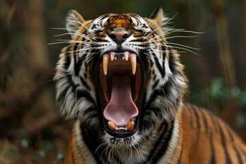 Obraz premium Sumatran tiger showing its teeth while yawning in its natural habitat