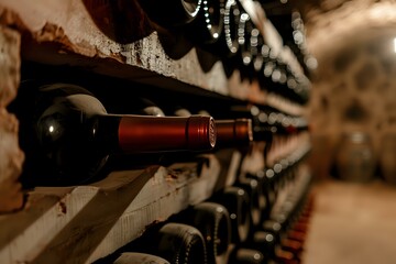 Wine bottles aging in a dimly lit cellar, evoking a sense of tradition and fine wine craftsmanship. Ideal for themes of wine production, aging process, and viniculture.