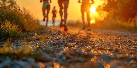 Runner group's legs on sunrise seaside trail in close-up.