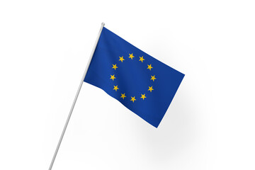 European union flag waving on pole, isolated on white background. EU flag.

