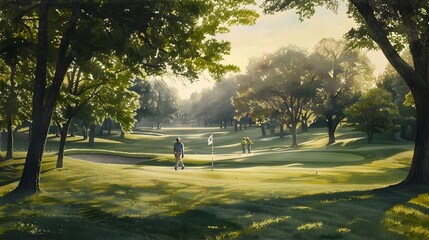 Obraz premium Idyllic Golf Course Surrounded by Lush Greenery and Sunlit Landscape