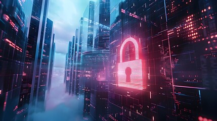 Obraz premium Futuristic Cybersecurity Awareness Poster with Glowing Digital Lock and Cityscape