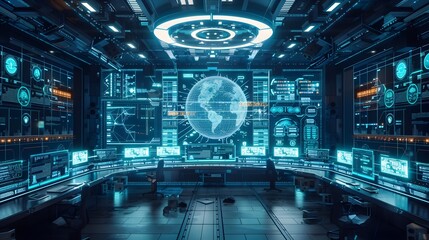 Obraz premium Futuristic Cybersecurity Command Center Interface for the Defense Industry