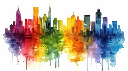 Obraz premium Colorful watercolor cityscape with vibrant hues reflecting urban architecture. Abstract skyline art illustrating the beauty of city life.