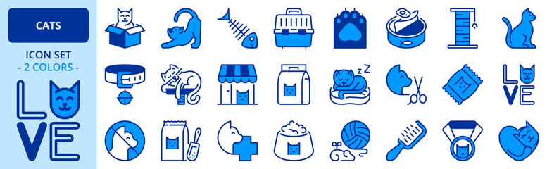 Icons in two colors about cats. Pets.