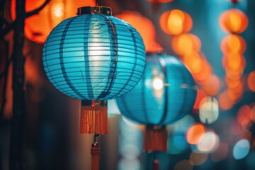 Close-up of blue Chinese lanterns illuminated at night with a bokeh background of other orange lanterns.