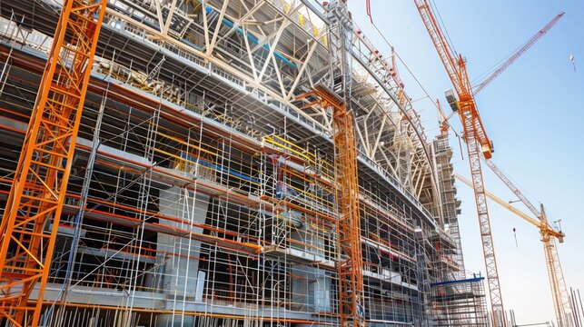 Detailed close-up of steel framework and intricate supports being assembled in the construction of a modern stadium, highlighting precision and engineering excellence.