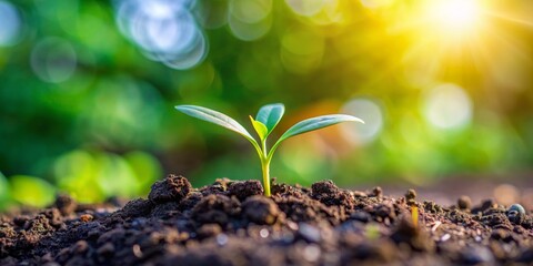 A Tiny Sprout Reaching for the Sun, Macro Photography, Close-up of a Young Plant, Green Leaves, Bright Sunlight,  growth, nature, seedling, sprout