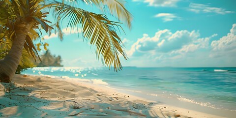 Naklejka premium Tropical beach with palm trees and clear blue water, perfect for travel agencies, vacation advertisements, and summer-themed designs.