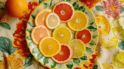 Slices of citrus fruit arranged in a radial pattern on a plate