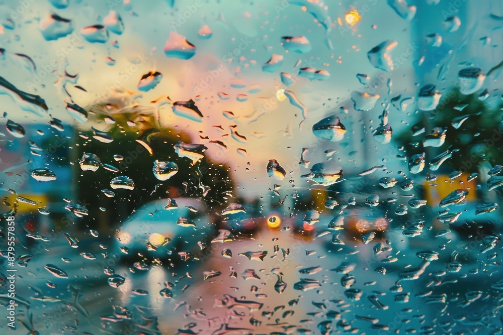 Poster water droplets creating an abstract pattern on a car windshield with a colorful sunset in the backgr