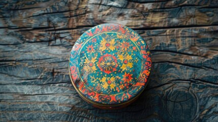 Vintage colorful round box on aged wooden surface toned photo from above