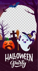 Halloween social media frame template with cute spook in witch hat and pumpkin on night cemetery. Bewitching vector border with adorable ghost adding frightful fun to profile pictures, photos or posts