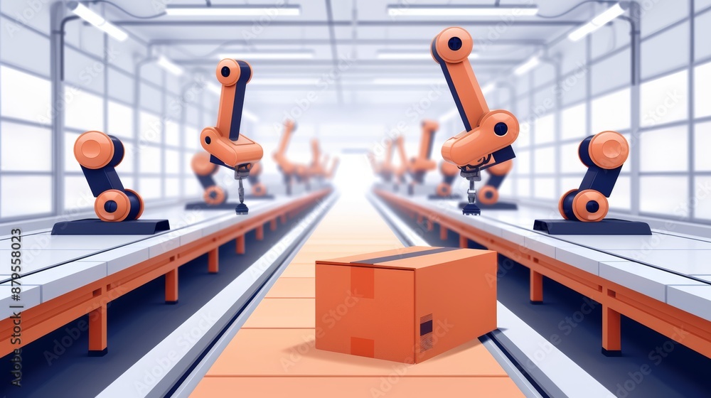 Poster automated assembly line, networked robotics, flat design illustration, focus cover all object